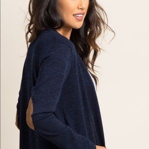 Navy Blue Suede Elbow Patch Short Cardigan